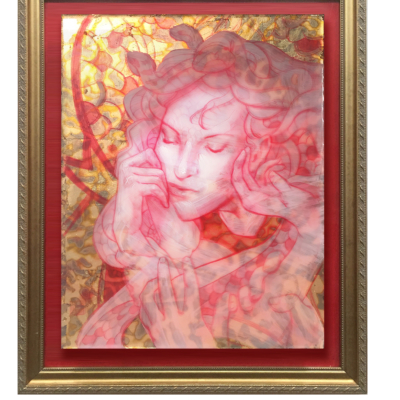 "Medusa" 11x14 a painting in red, resin, and gold by Marc Scheff